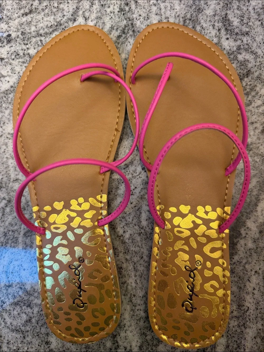 Qupid Pink Strappy Flat Sandals with Gold Leopard Inlay